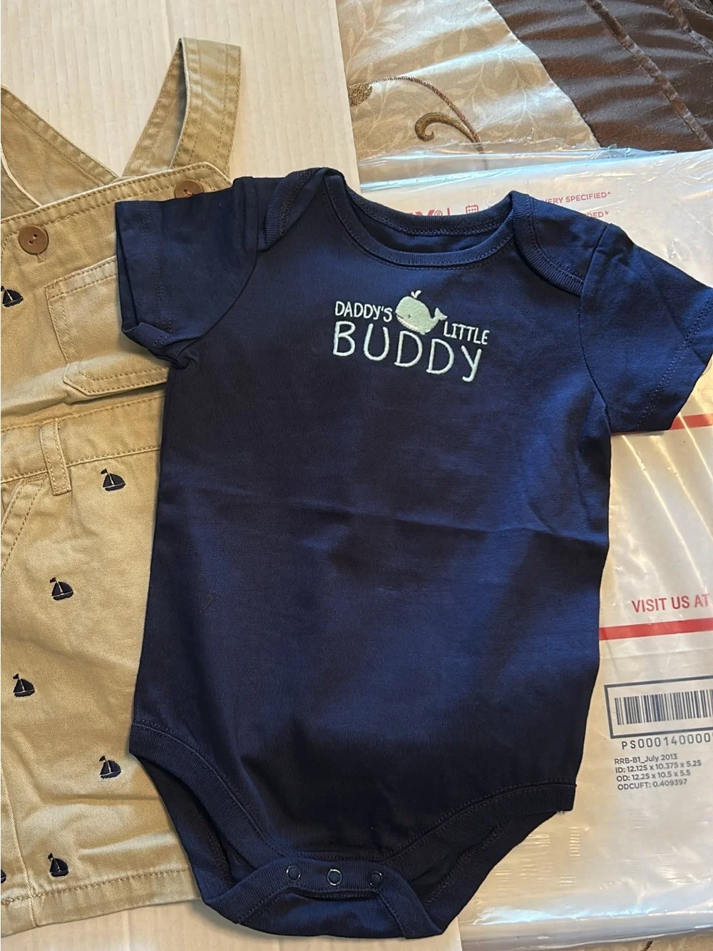 Gymboree Khaki Short Overalls with Navy Sailboat Embroidery